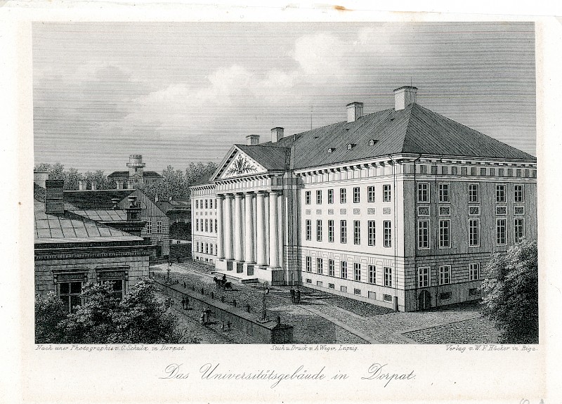 Ansicht des historischen Dorpat/heute Tartu (nach einer Photografie von C. Schulz, Dorpat; Stich und Druck von A. Wegner, Leipzig)