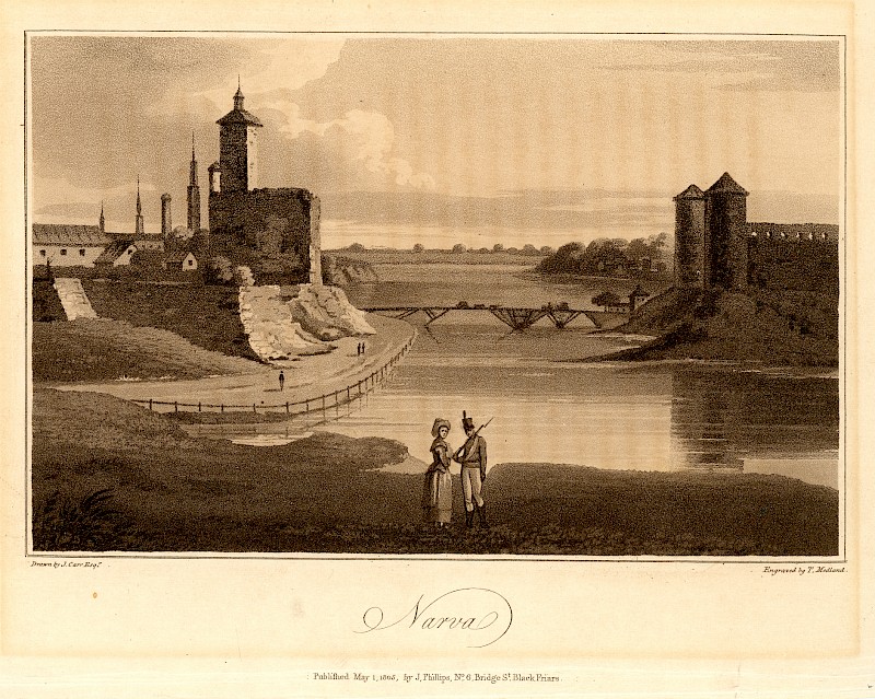 Blick auf das historische Narva (Zeichnung von J. Carr; Gravur von T. Medland)