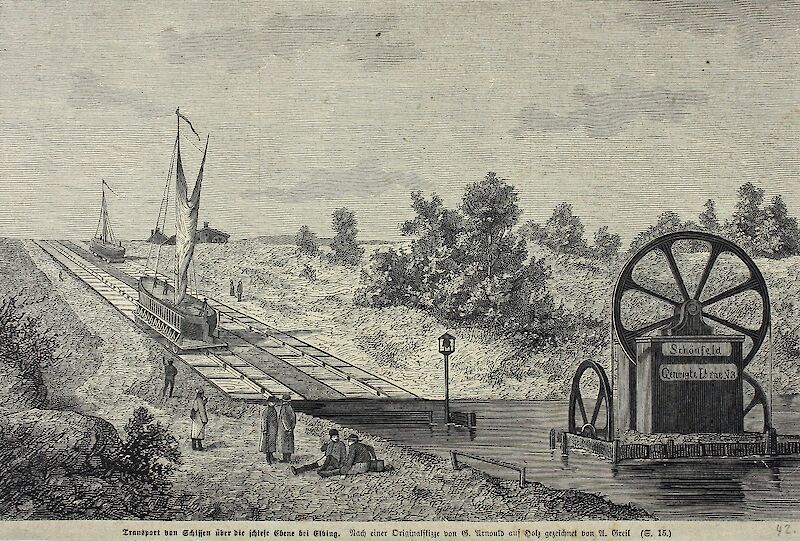 G. Arnould, Transport von Schiffen über die schiefe Ebene, 1878 © Ostpreußisches Landesmuseum.